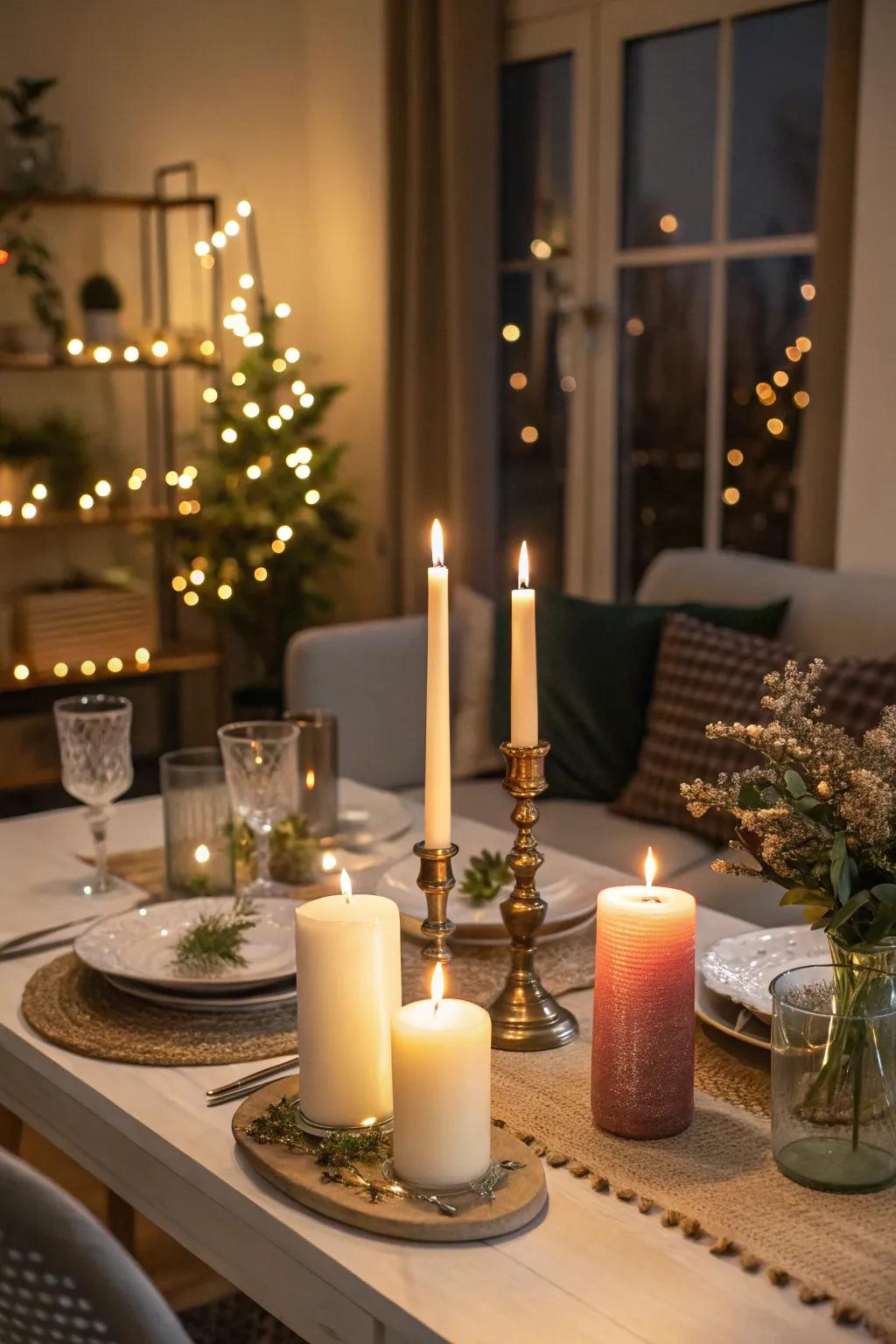 Candles create a cozy and inviting atmosphere without flowers.