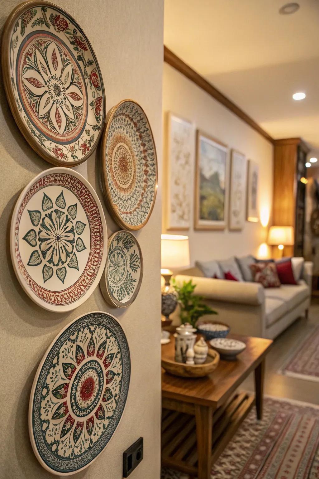 Enhance your walls with ornamental ceramic plates for a unique personal touch.