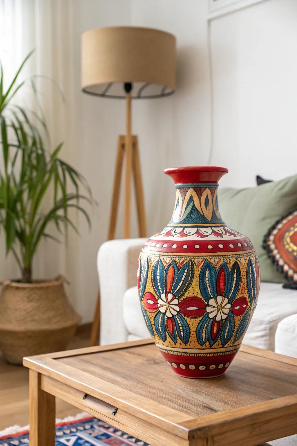 A colorful ceramic vase serves as a bold focal point in a minimalist living area.