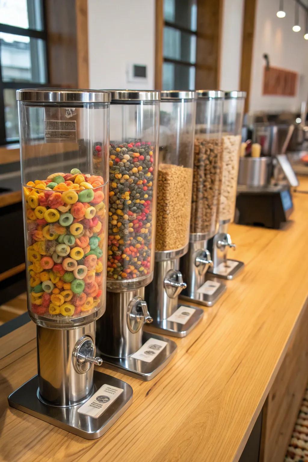 See-through dispensers make the cereal station neat and tidy.