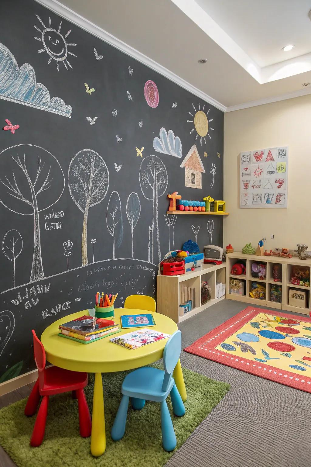 A complete chalkboard wall that encourages limitless creativity.