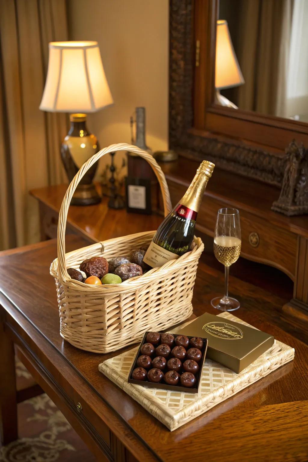 Classic grace with sparkling wine and exquisite chocolates.