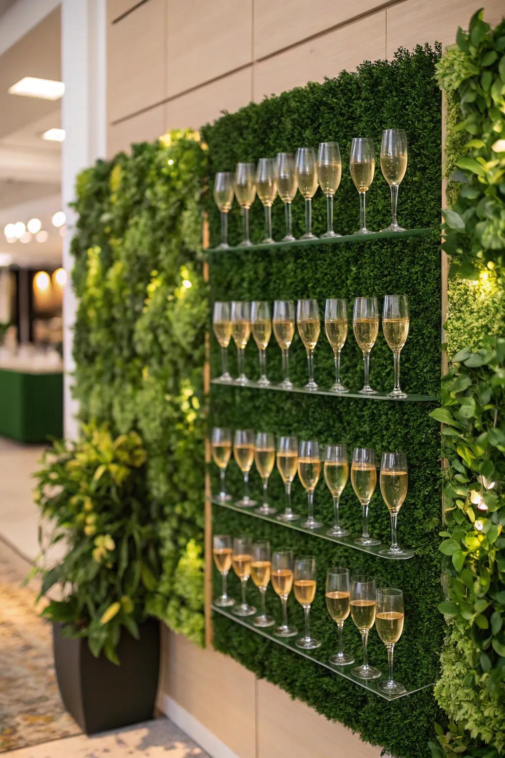 A garden-inspired sparkling wine station overflowing with lush greenery.