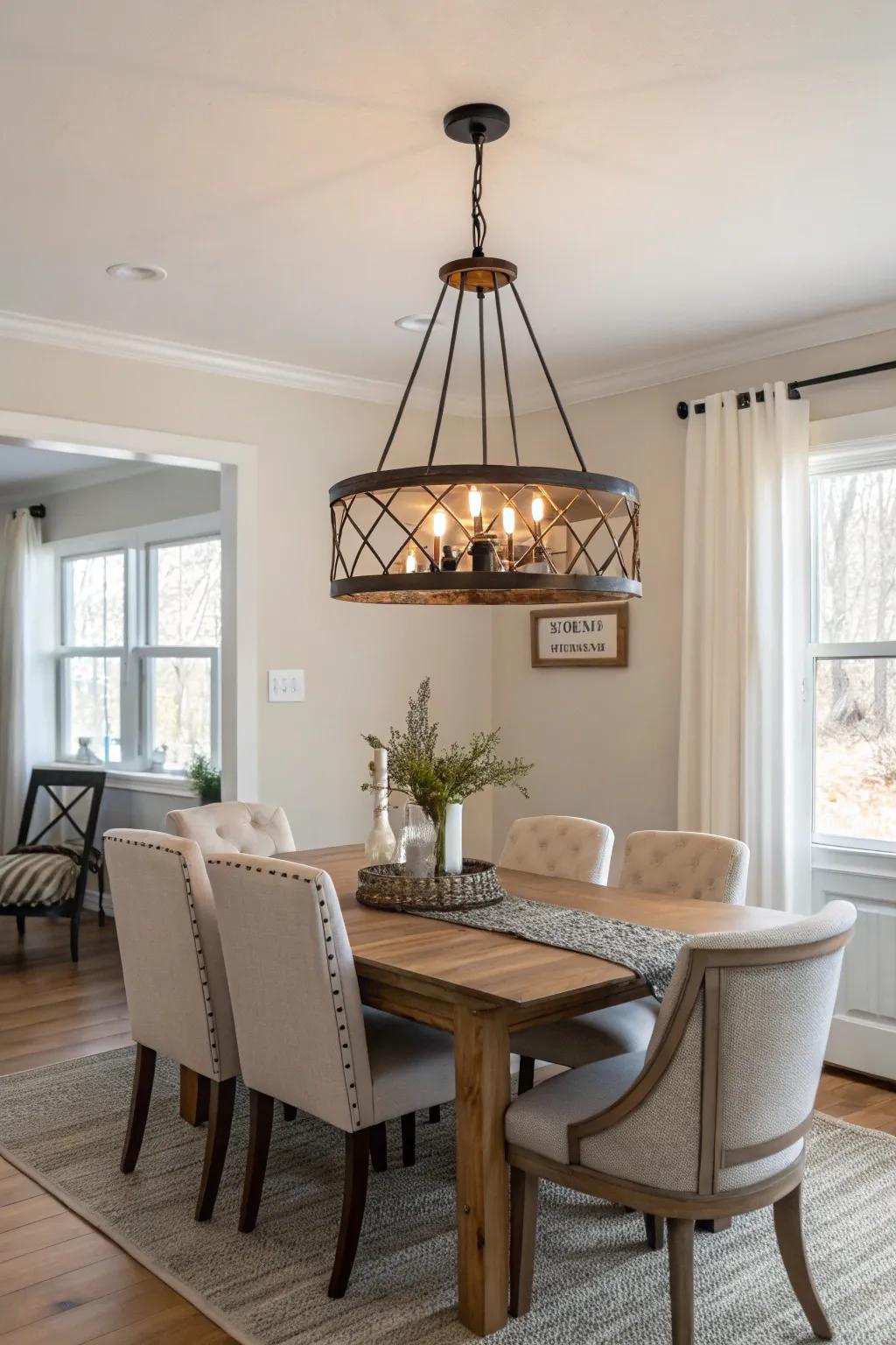 A semi-flush mount chandelier gracefully enhances a cozy dining room.