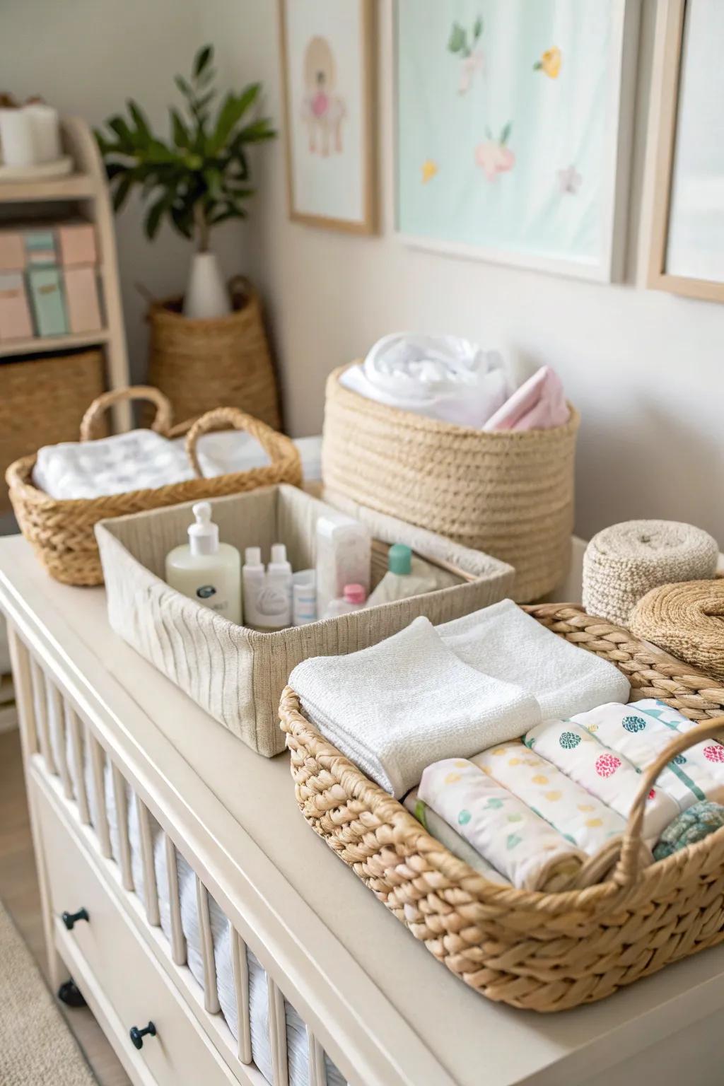 Woven storage cubes tidily arrange baby essentials on a changing table.