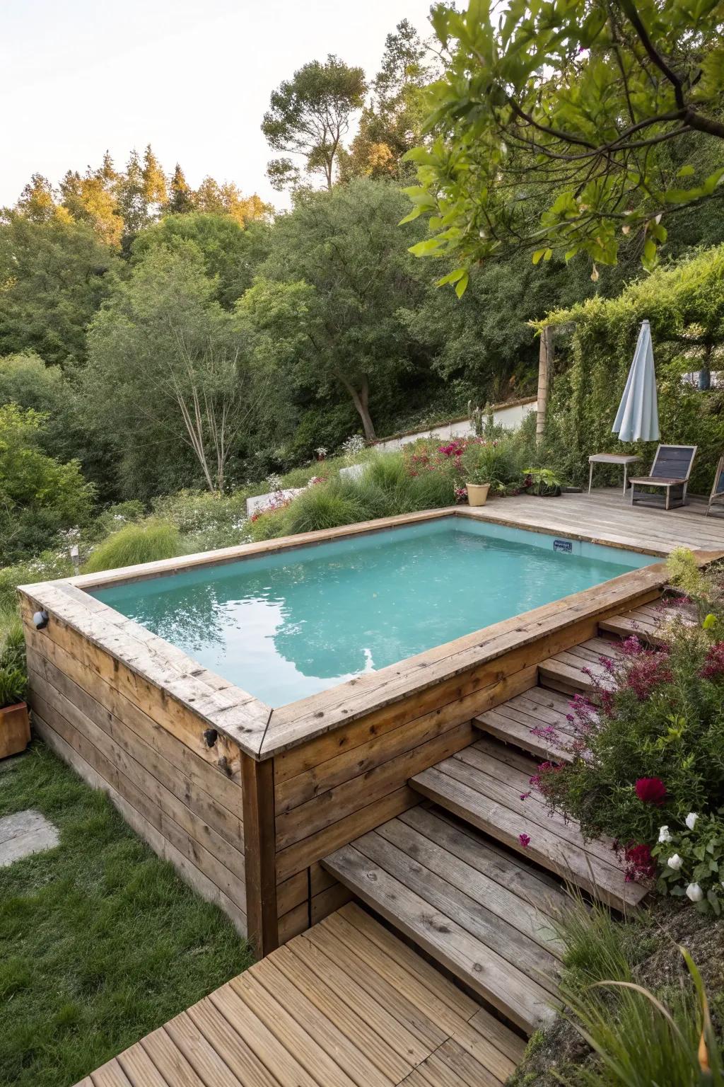 A rustic wooden deck brings charm and function to your poolside.