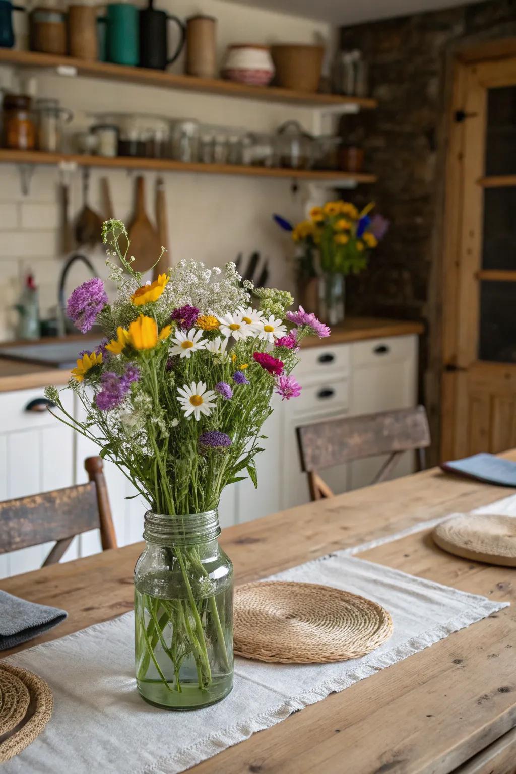 Used glass containers transform into lovely vases for wildflowers.