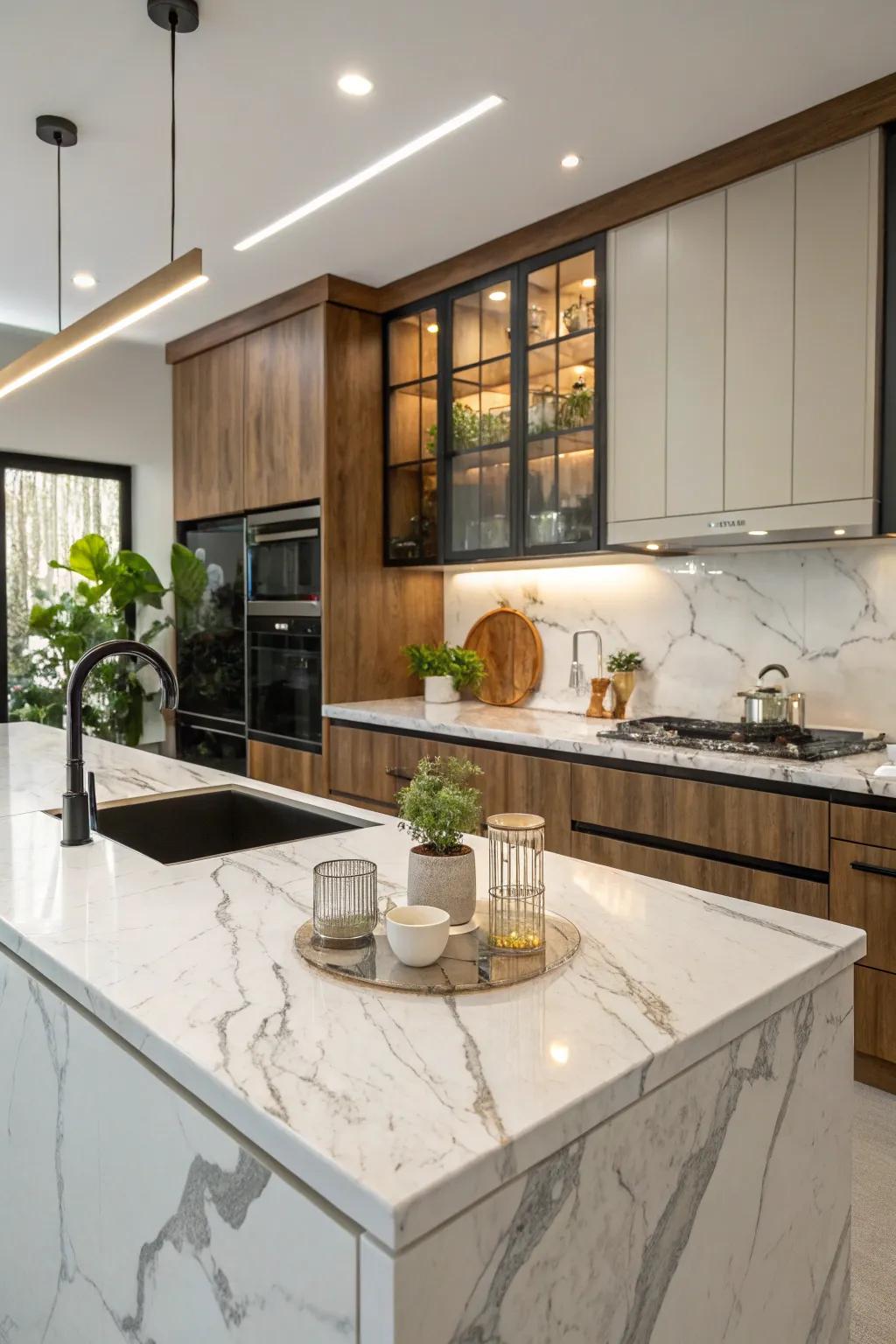 Chic kitchen adorned with marble-look faux stone countertops.
