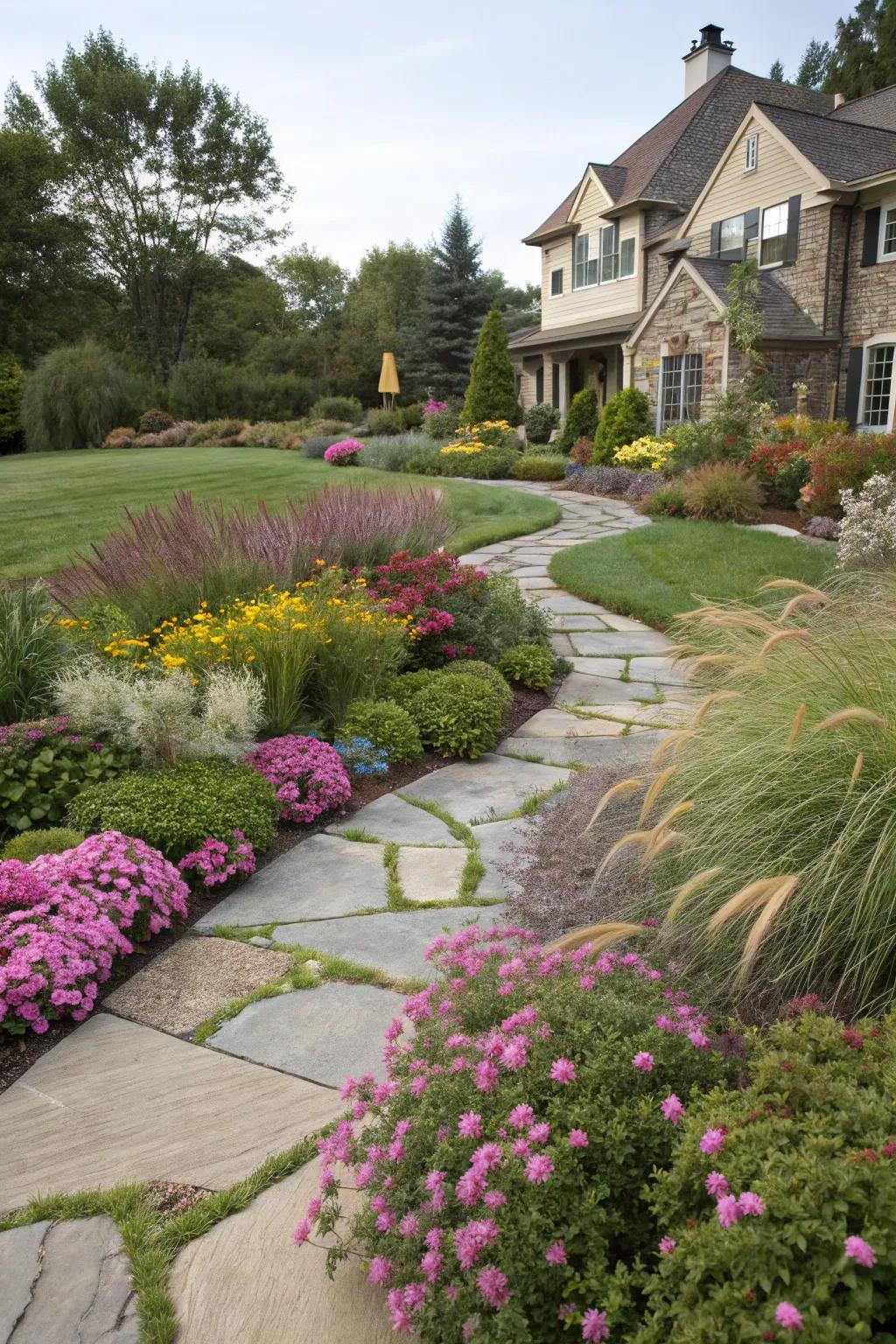 Stone pathways bring both aesthetic and practical benefits to a lawn-free yard.