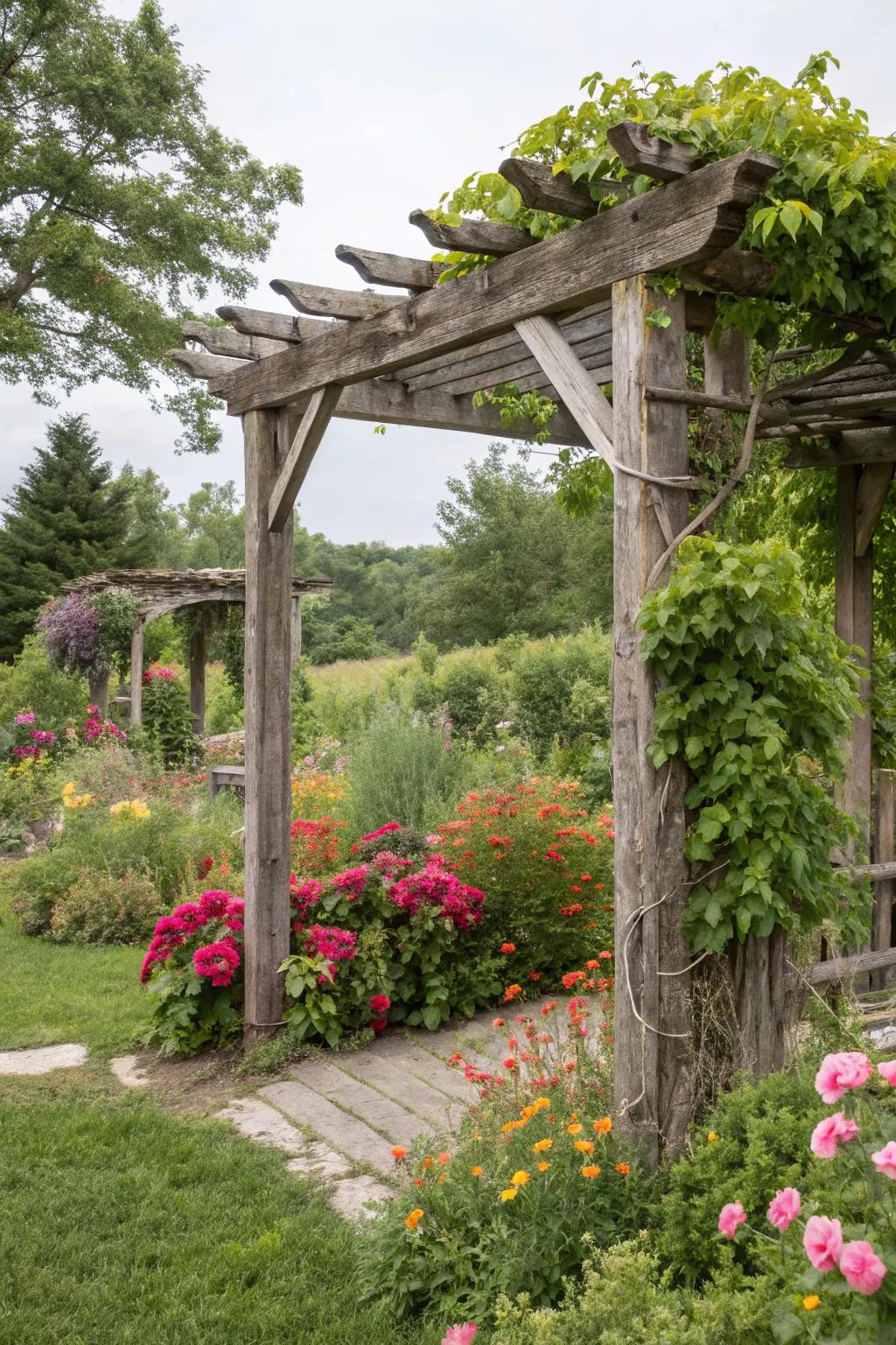 A rustic pergola crafted from reclaimed wood elevates any garden.