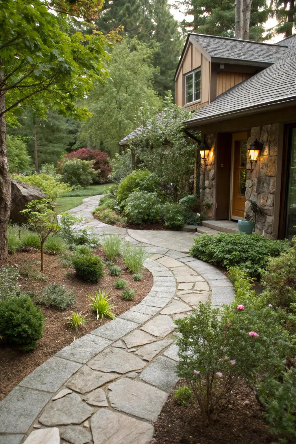 A stone pathway enhances any front yard with structure and charm.