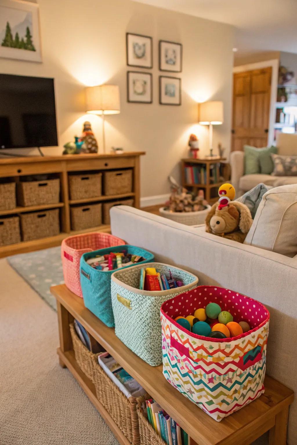 Keep toys organized and within reach using containers.