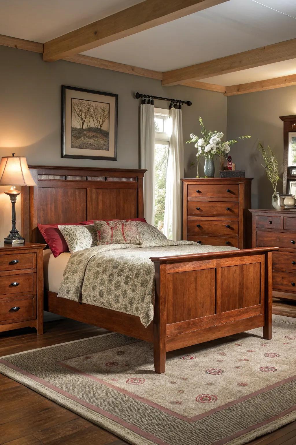 Maple hardwood furnishings emphasized by warm lighting, displaying its deep shades.