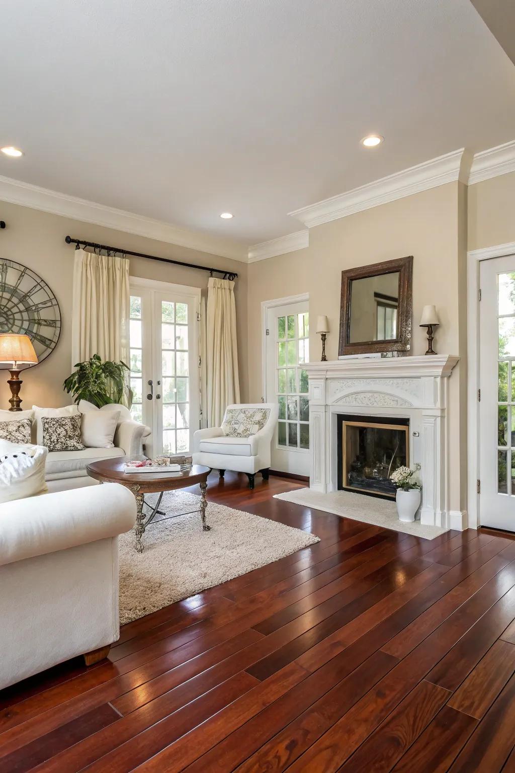 Balancing airy walls against rich sienna floors creates a visually pleasing contrast.