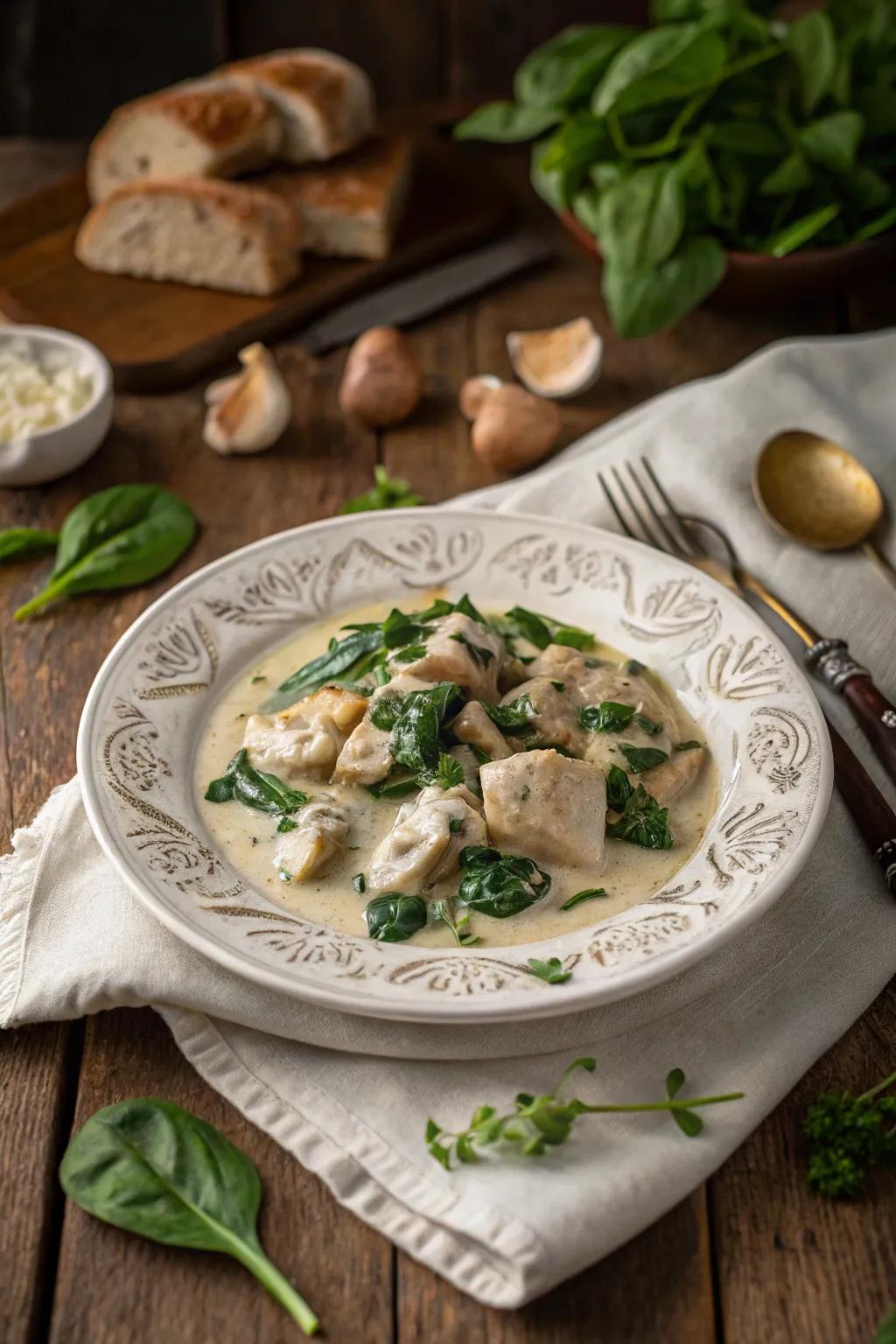 Velvety garlic poultry with greens, the ultimate comfort dish.