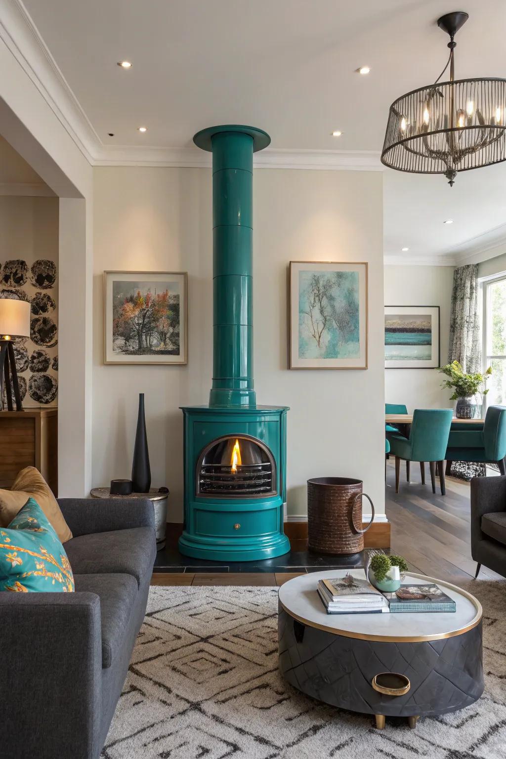 A striking cyan chimney establishes a captivating focal point in this modern setting.