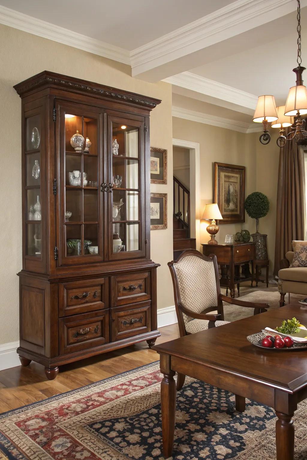 Classic dark wood display case inside a classic setting.