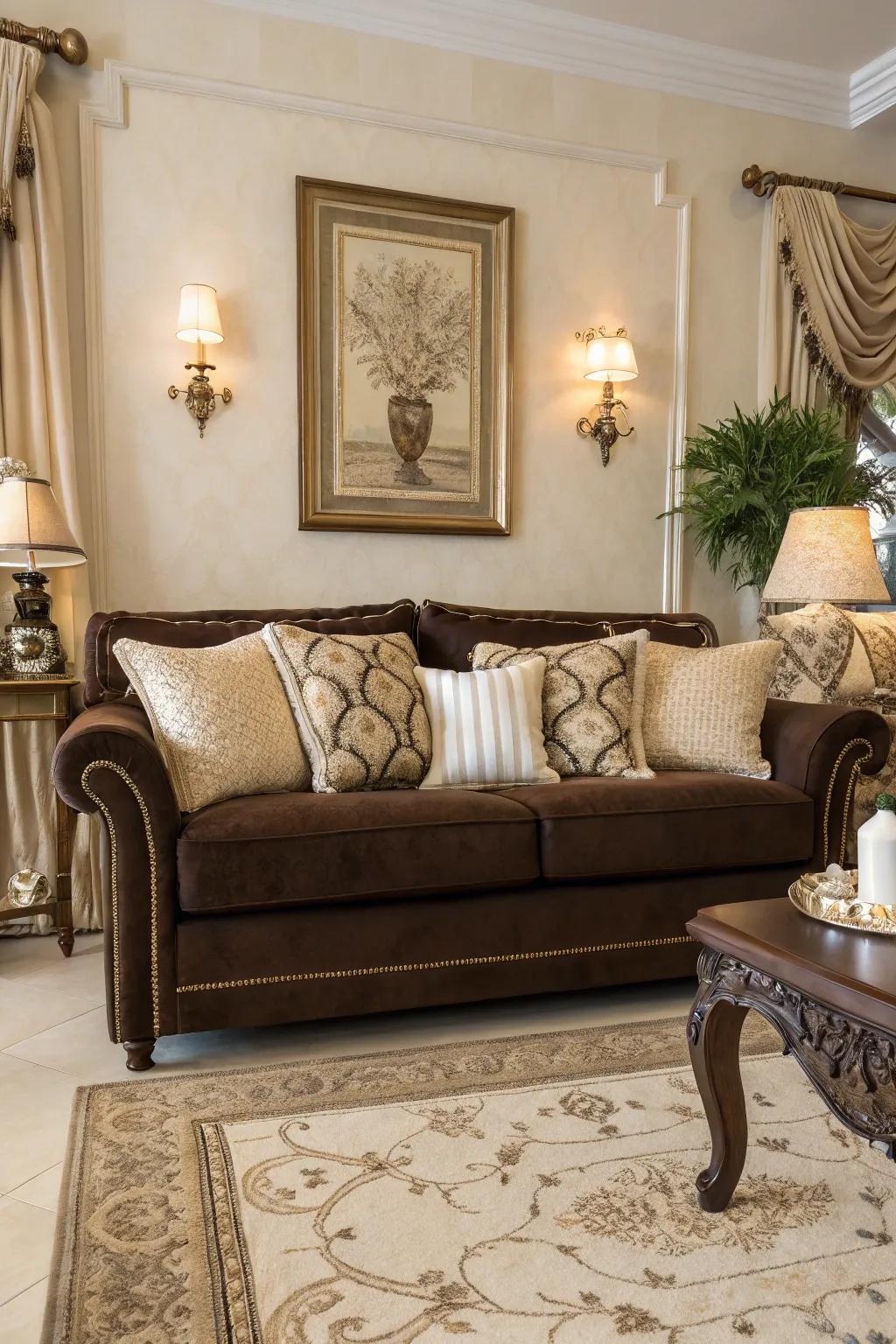 Soft neutrals create a peaceful and inviting space around a cocoa sofa.