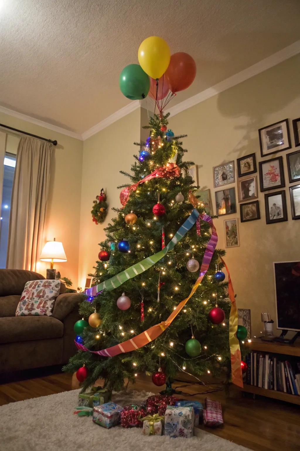 A Christmas tree transformed into a joyful birthday tree.