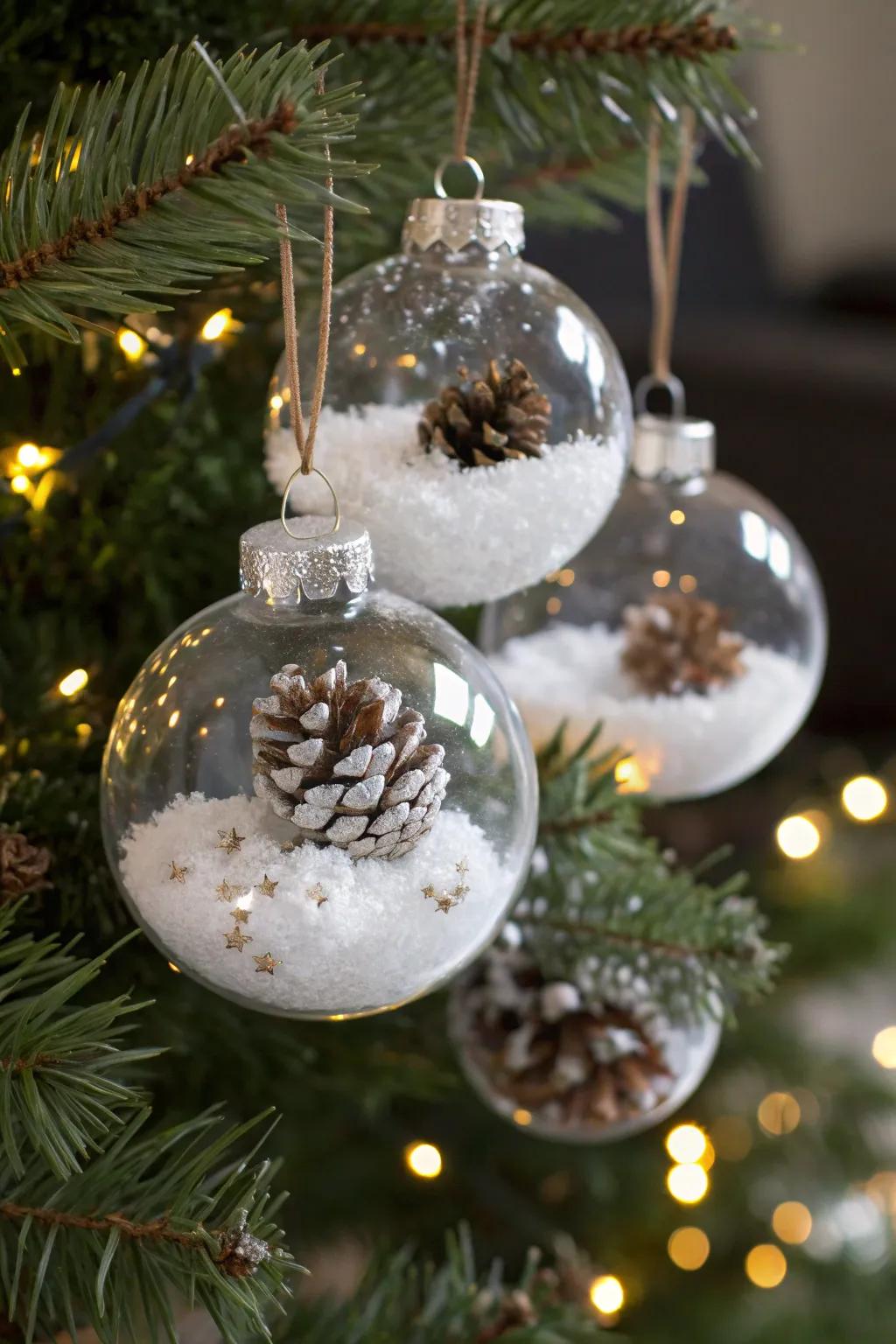 Clear spheres filled with festive treasures give a playful touch.