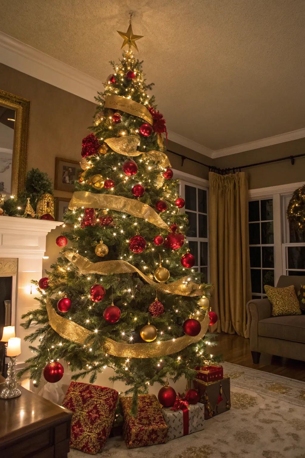 A traditional Christmas ball tree in red and gold, ideal for a classic holiday setting.