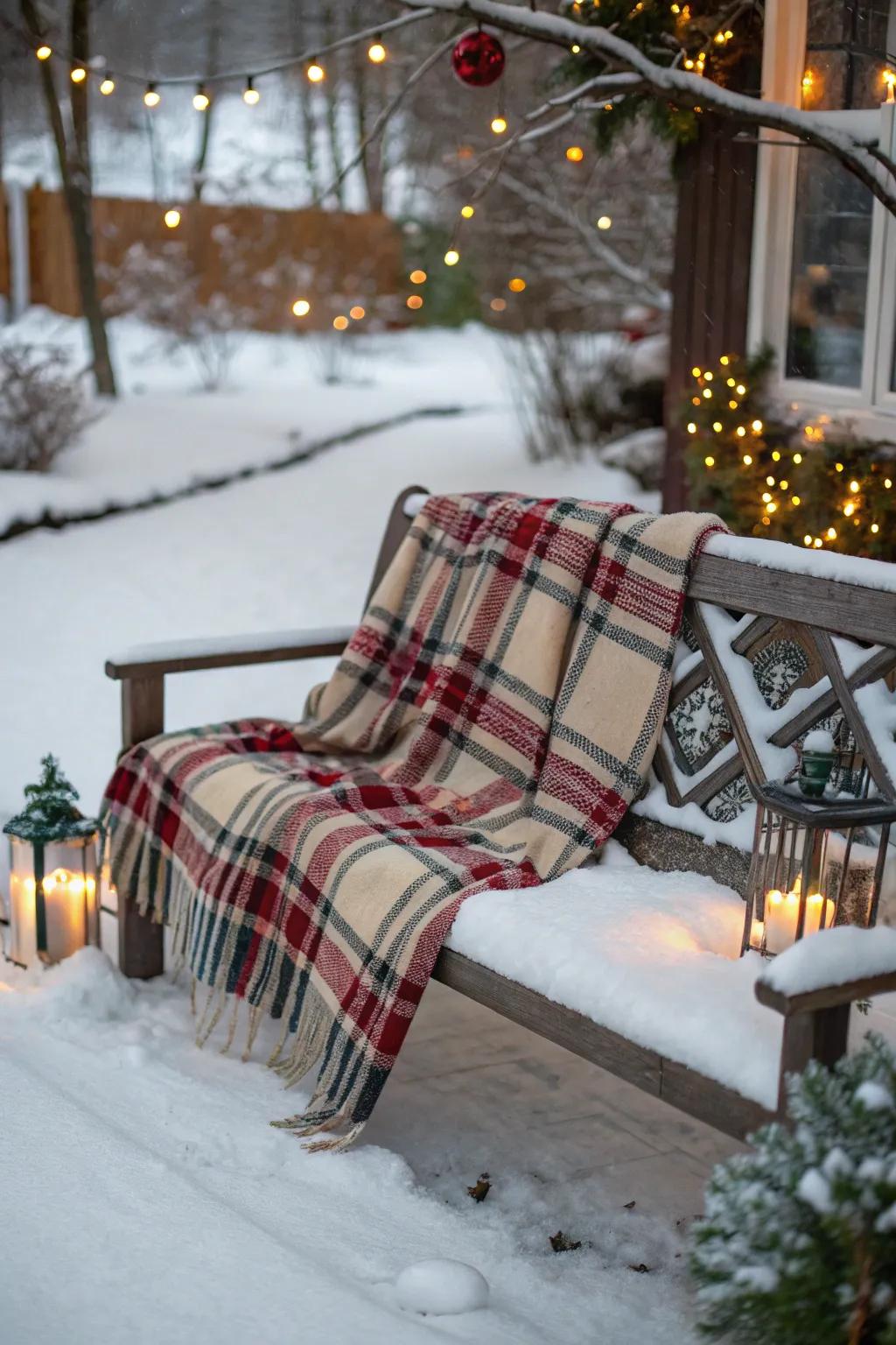 A woven blanket transforms your bench into a cozy, inviting holiday scene.