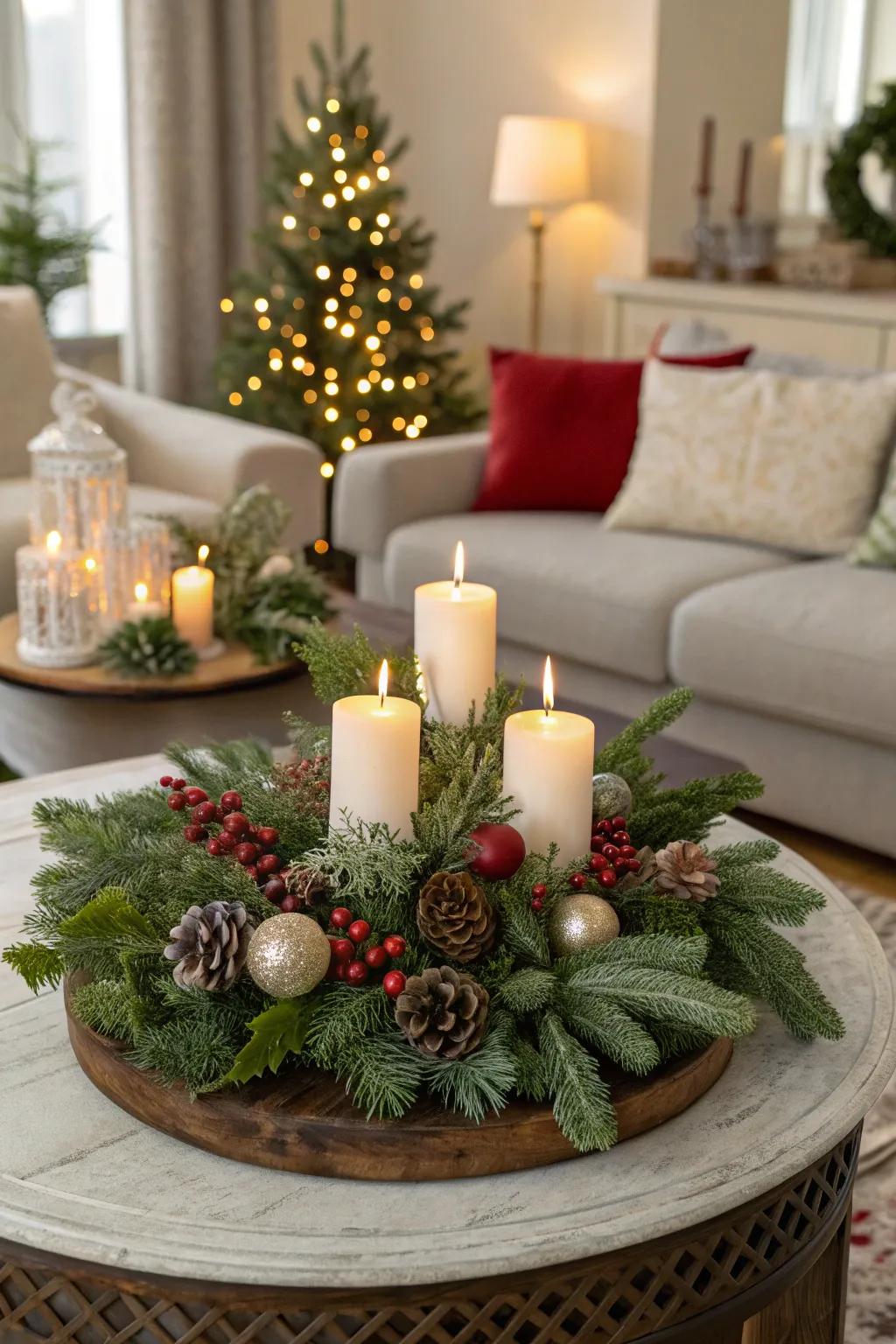 Evergreen branches establish a fresh, celebratory atmosphere.