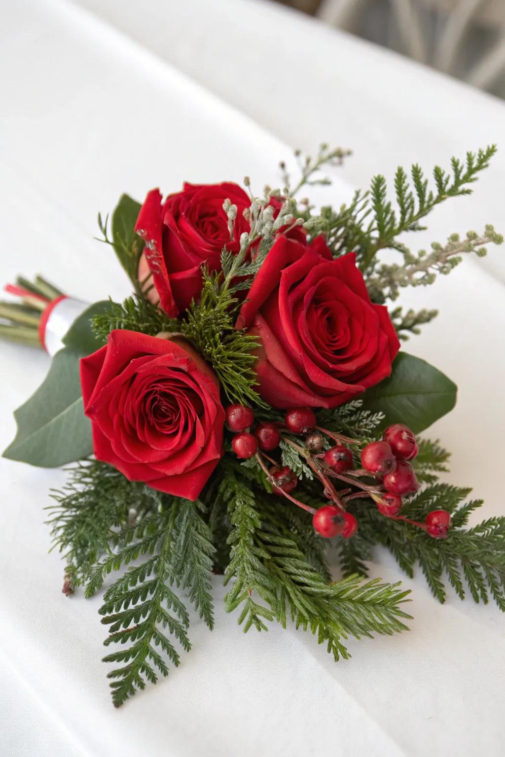 A quintessential Christmas corsage showcasing crimson blossoms and evergreen sprigs.