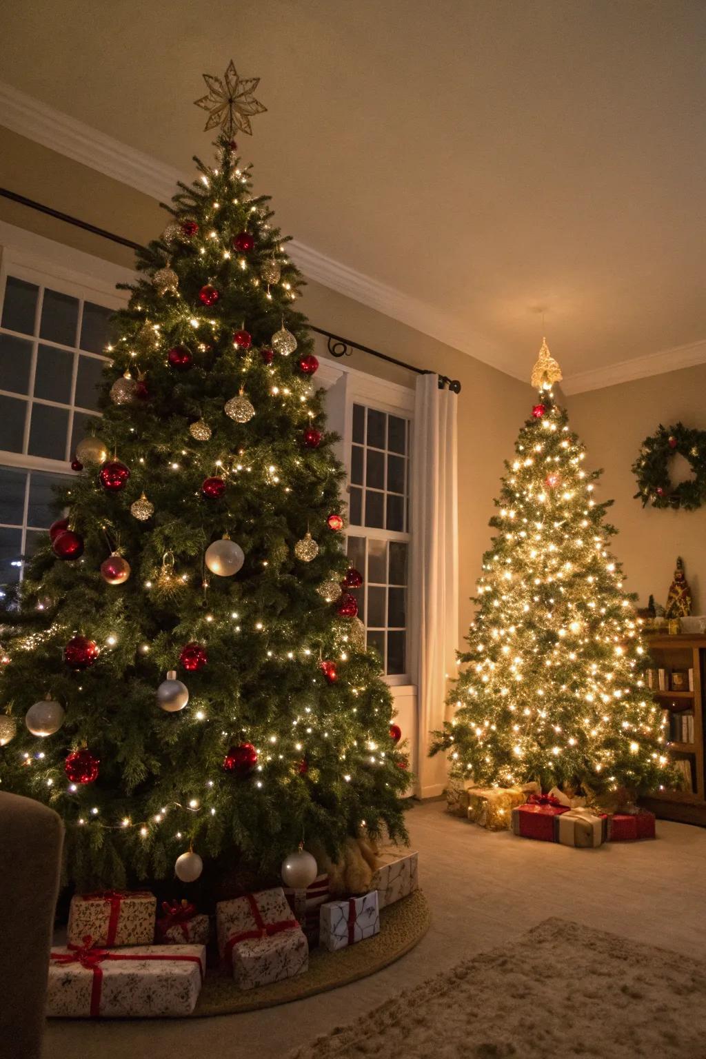Paired Christmas trees bring an extraordinary festive charm to your dwelling.