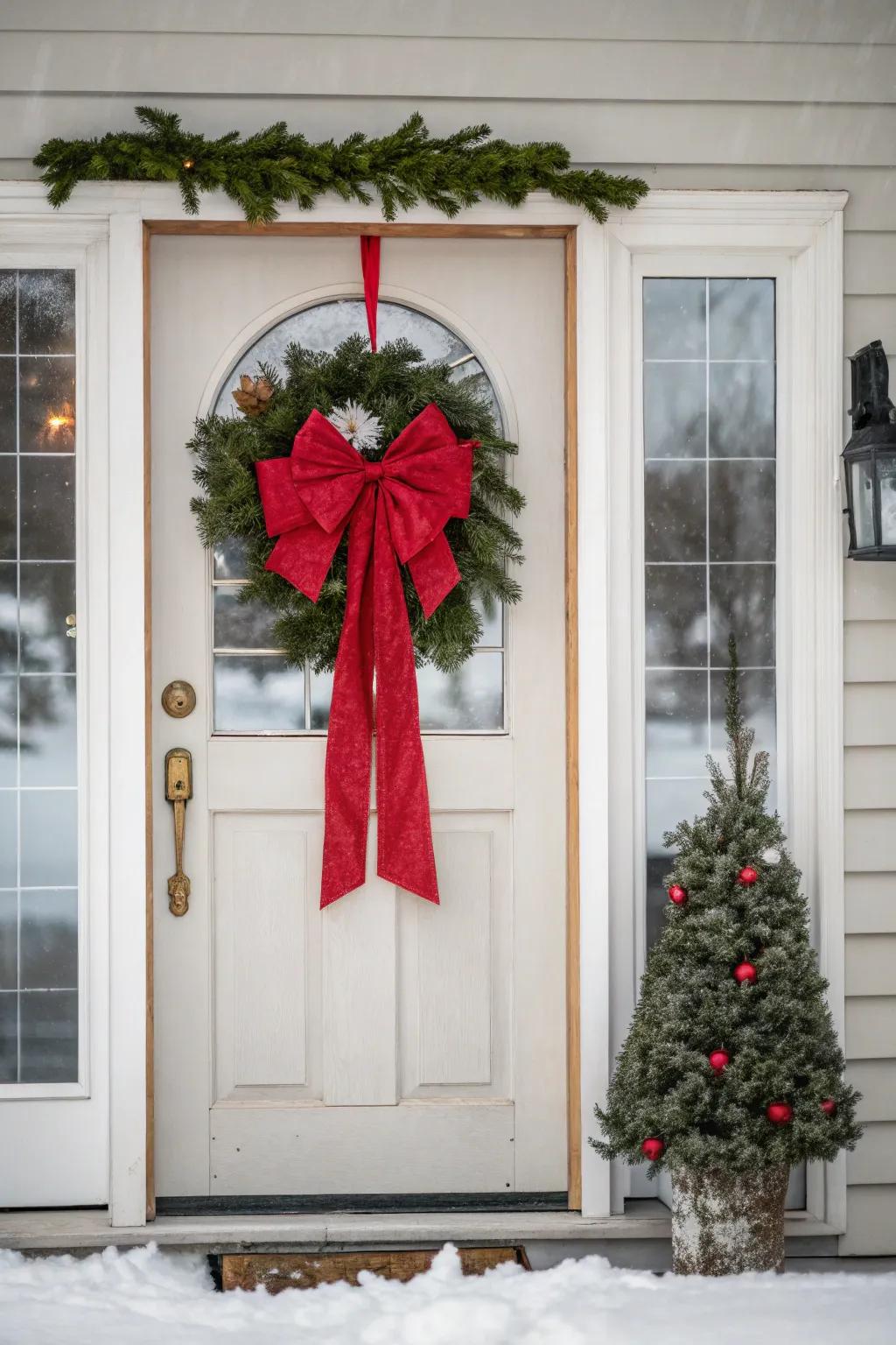 A classic crimson bow brings a timeless charm to your festive decorations.