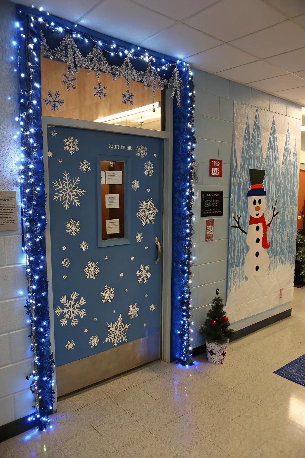 A school door has been transformed into a captivating winter wonderland.