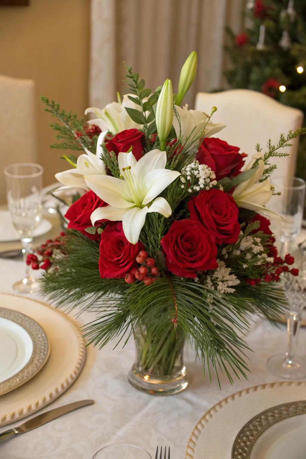 Classic scarlet and snow arrangement for a traditional yuletide atmosphere.