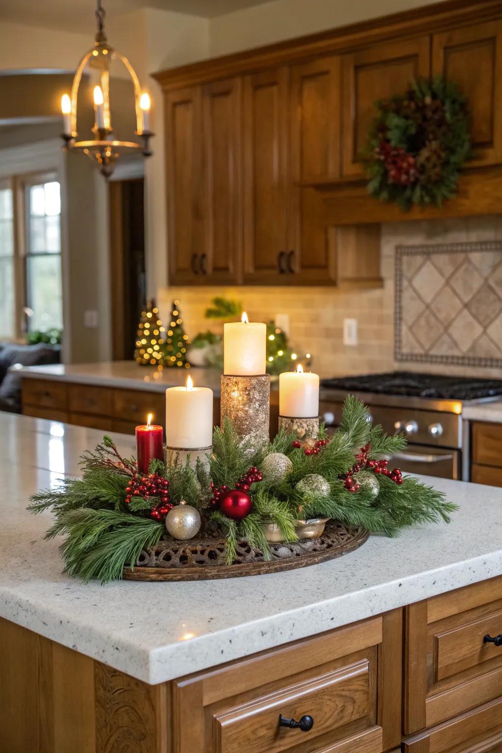 A festive centerpiece brings warmth to the kitchen island.