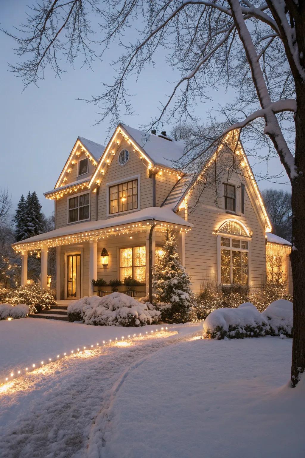 A house whose architectural details are beautifully accentuated with holiday lights.