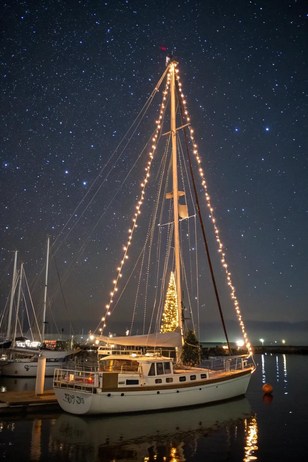 A sailboat's mast transformed into a radiant Christmas tree with twinkling lights.