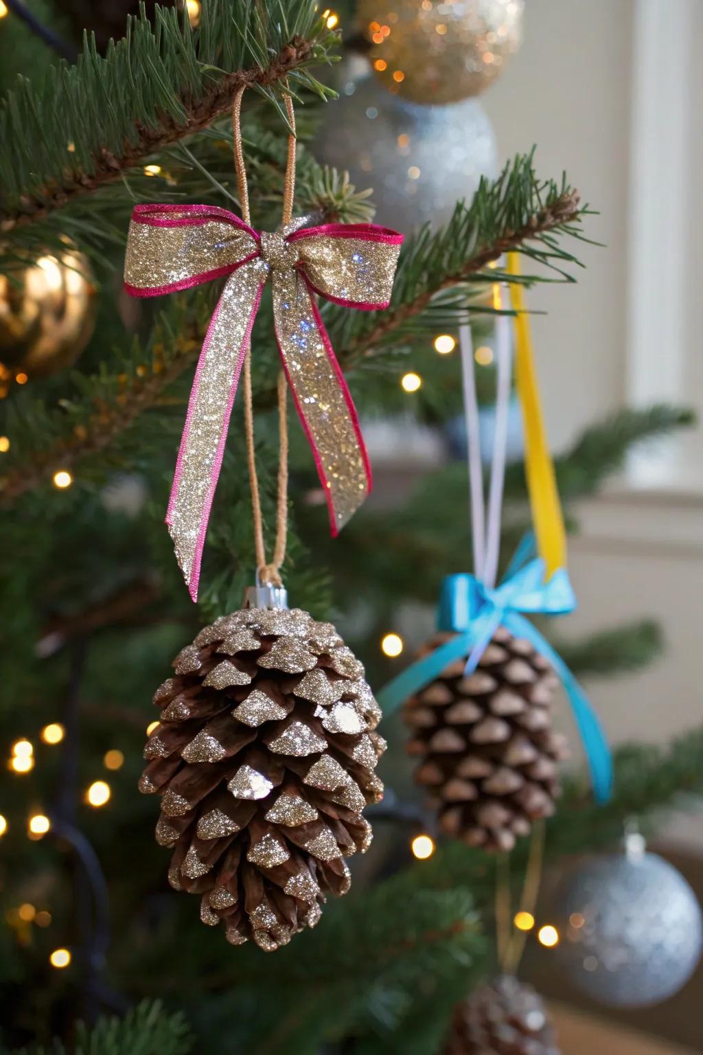 Pine cone ornaments adorned with glitter and ribbon displayed on a Christmas tree.