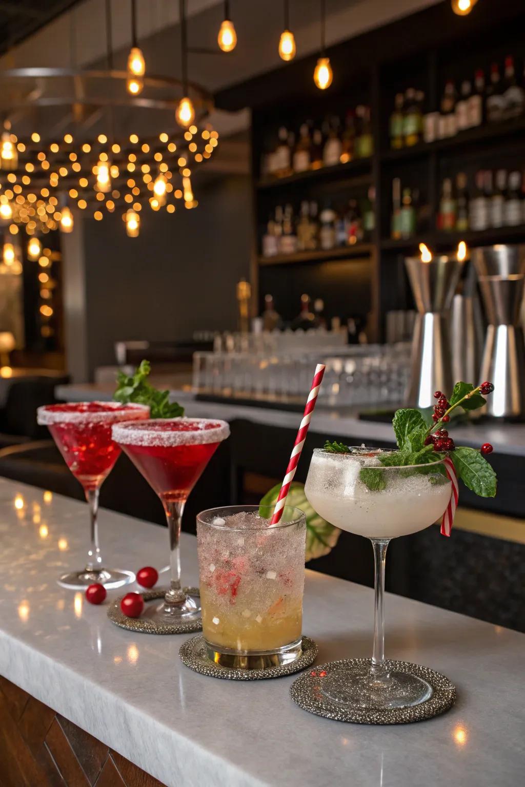 Design a signature cocktail area to enchant your attendees with holiday-themed beverages.