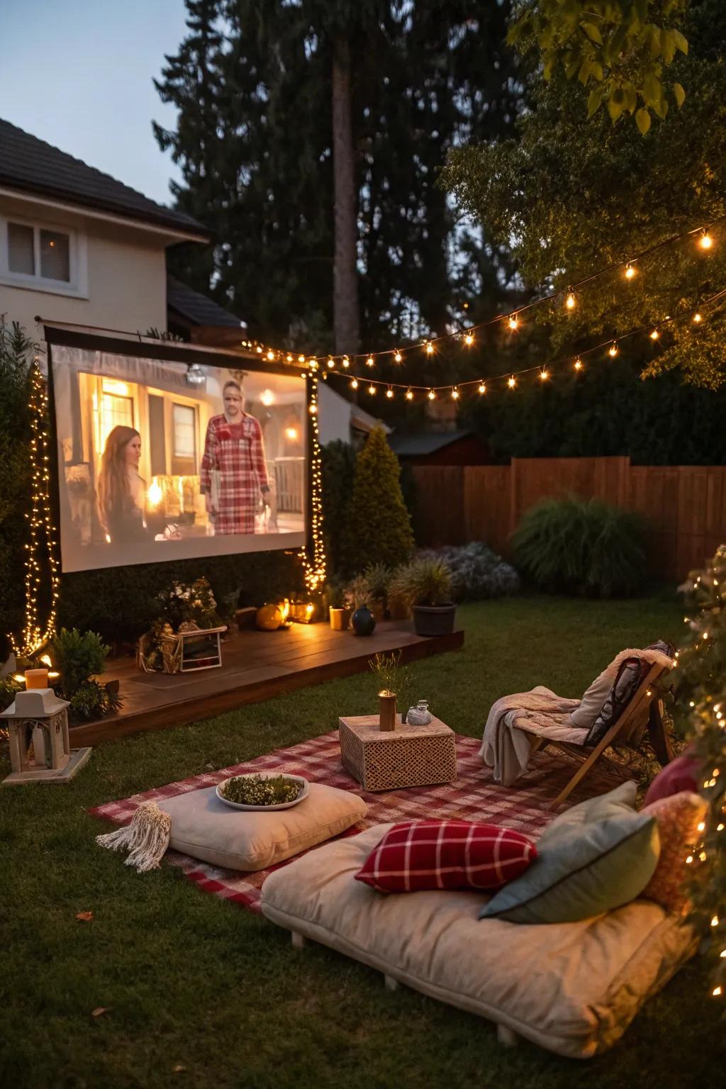 A captivating outdoor Christmas movie night ambiance with all the comfortable additions.