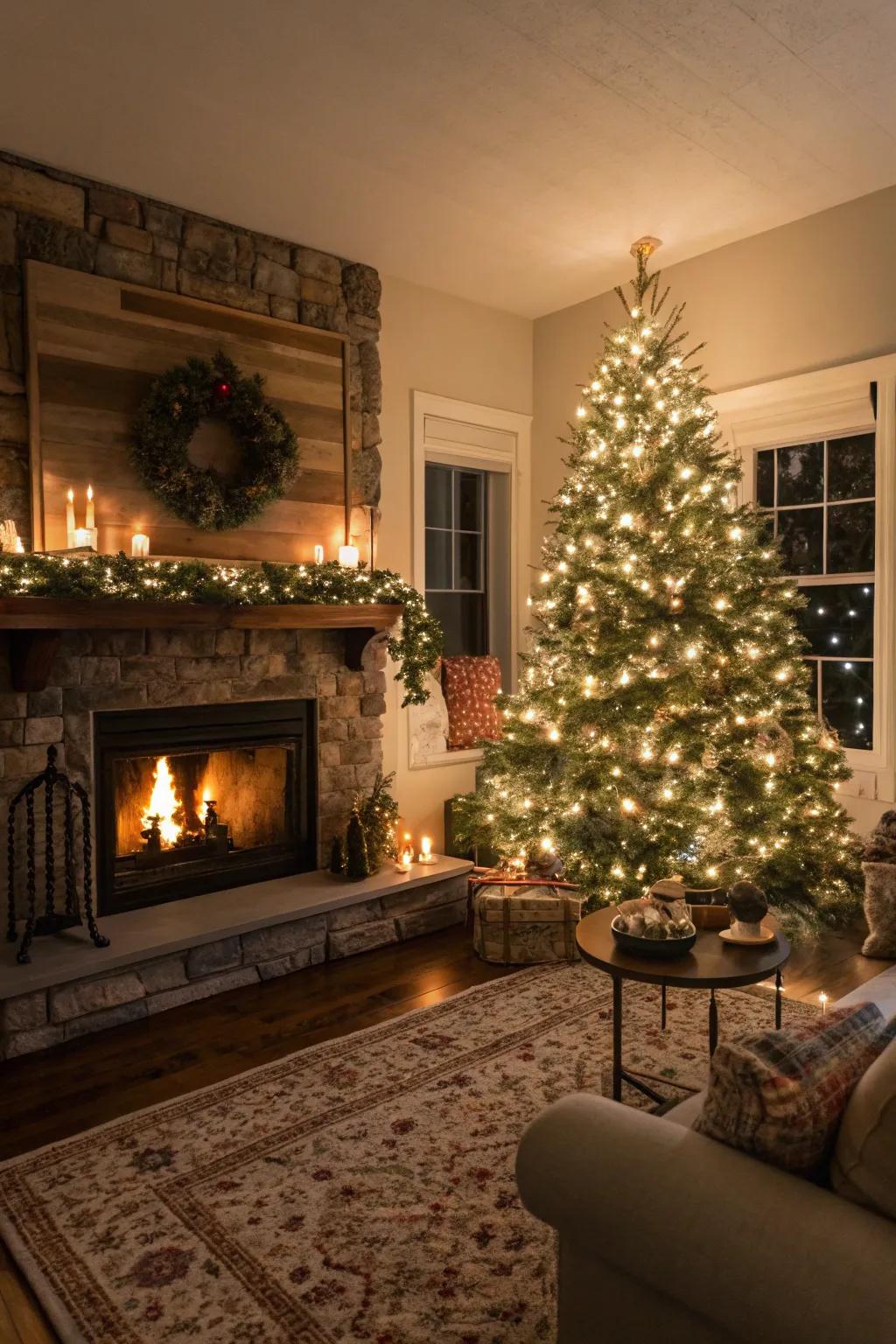 A snug living area scene showcasing a Christmas tree and a radiant fireplace, excellent for joyful photographs.