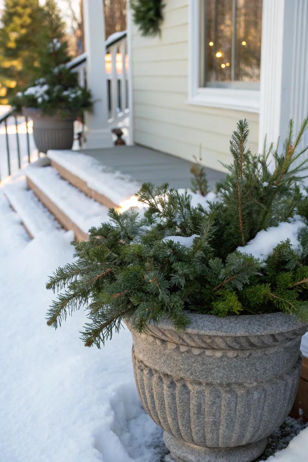 Evergreens provide an ageless foundation ideal for any Christmas planter.
