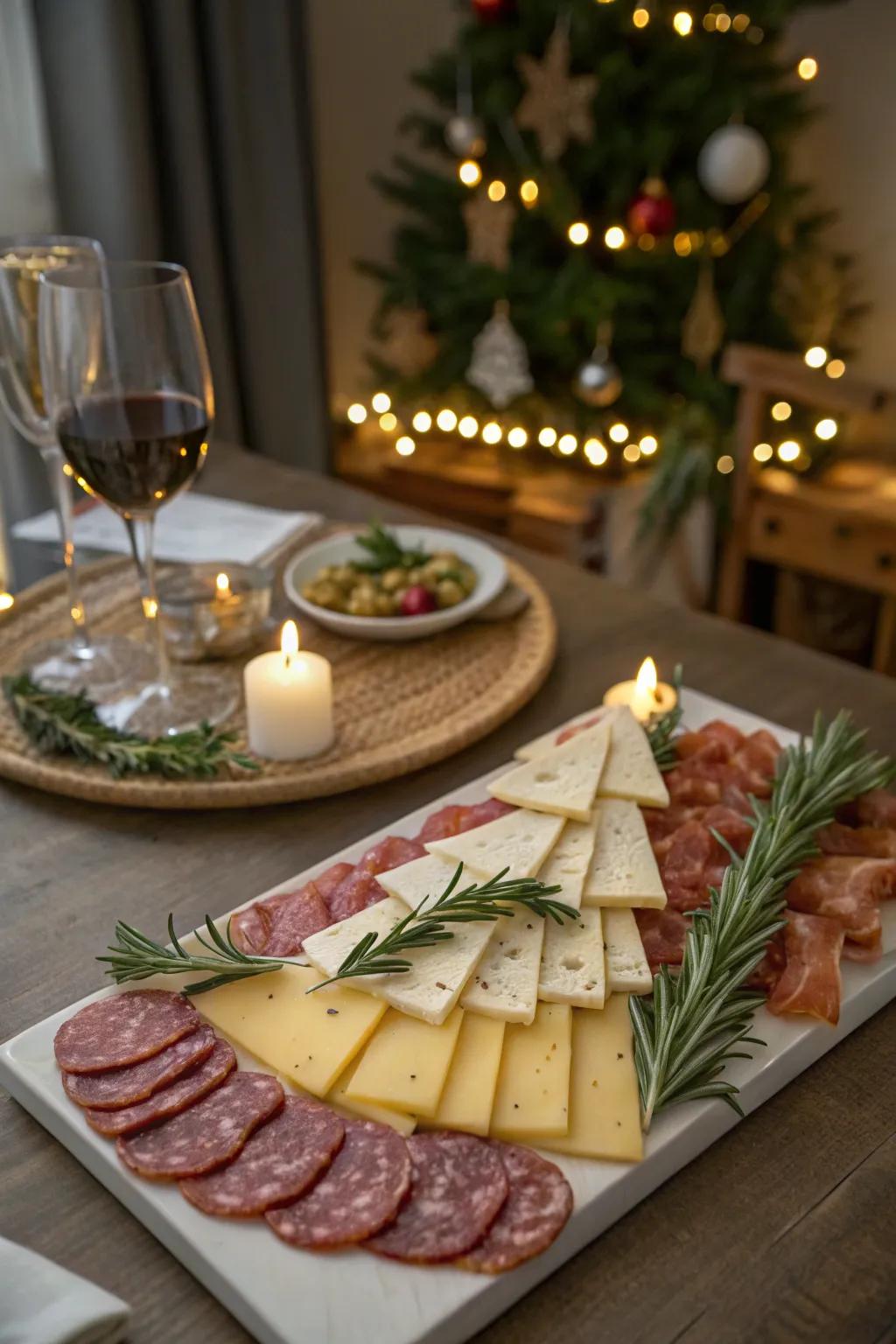 Christmas tree cured delight display with cheddar and meats.