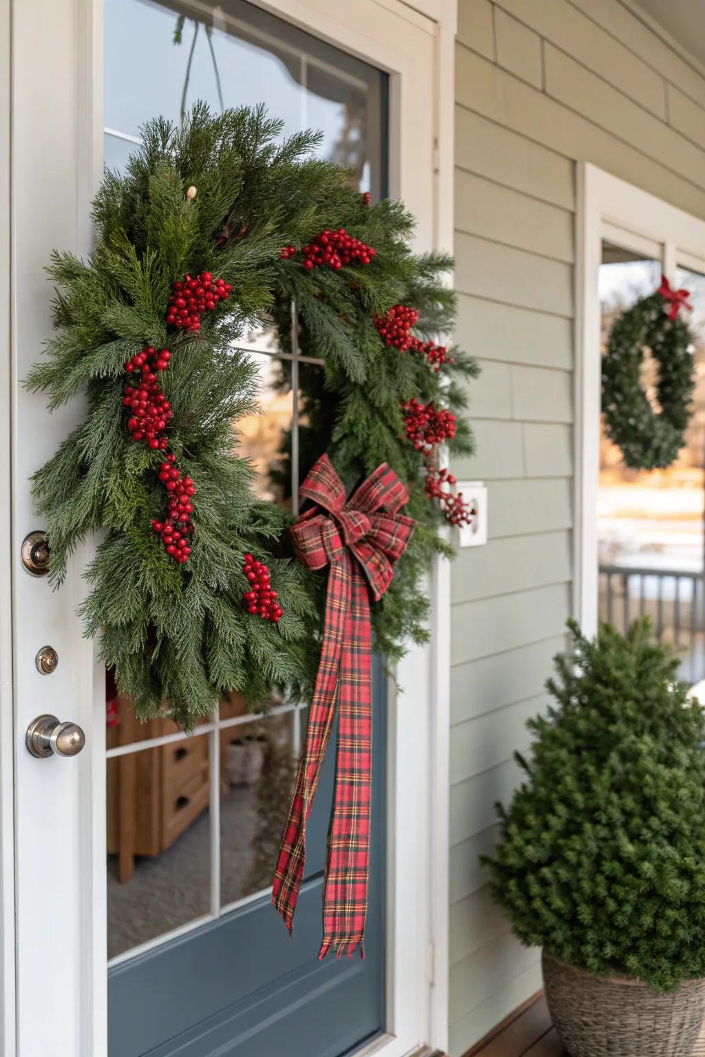 Traditional Christmas swag with evergreen branches and checkered ribbon.