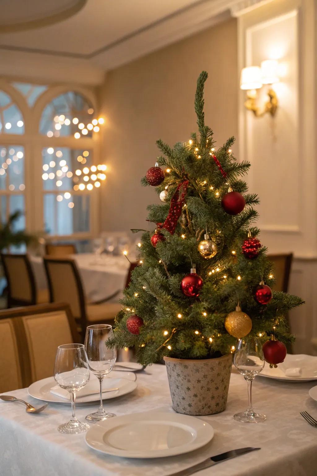 A little Christmas tree gives the table a Yuletide flourish.