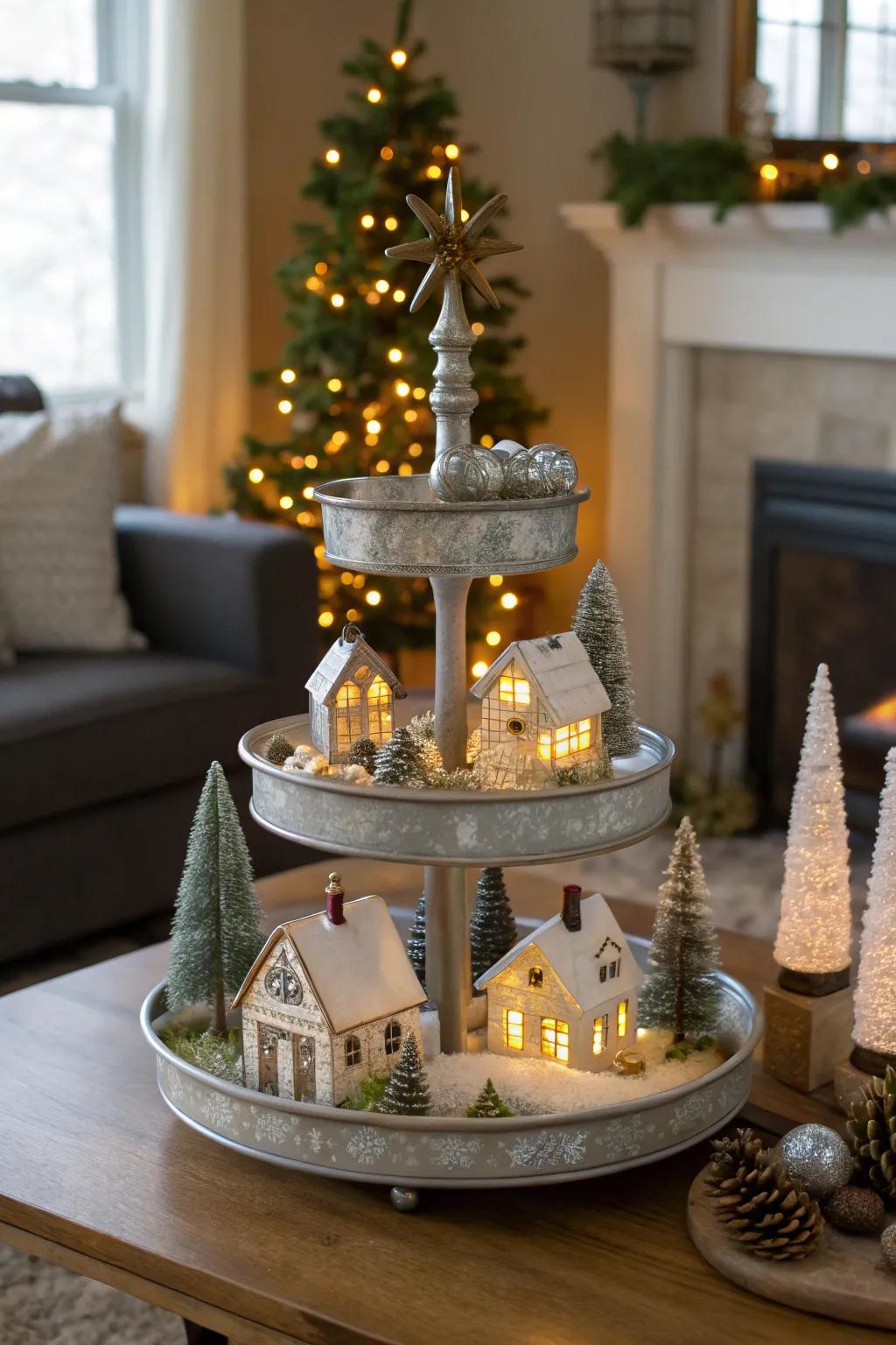 A charming miniature holiday village showcased on a tiered display.