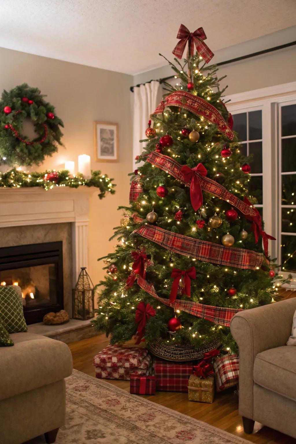 A classic red and green Christmas tree with plaid ribbons brings timeless charm.