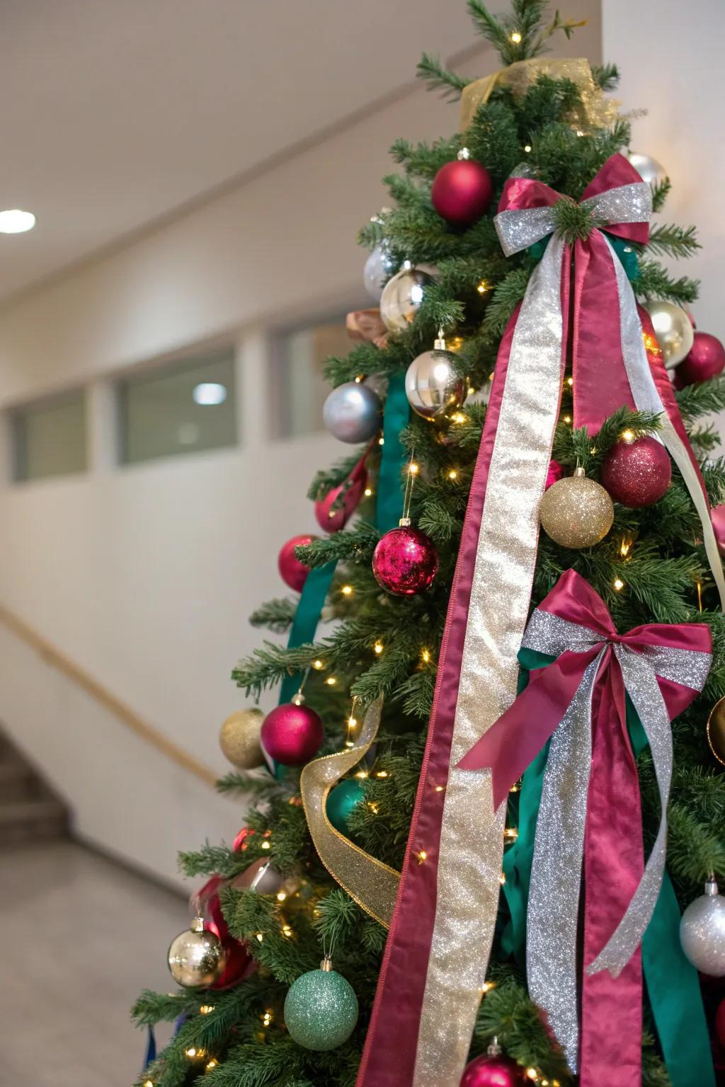 A Christmas tree featuring silken and shimmering ribbons in a vertical cascade, delivering a glamorous aesthetic.