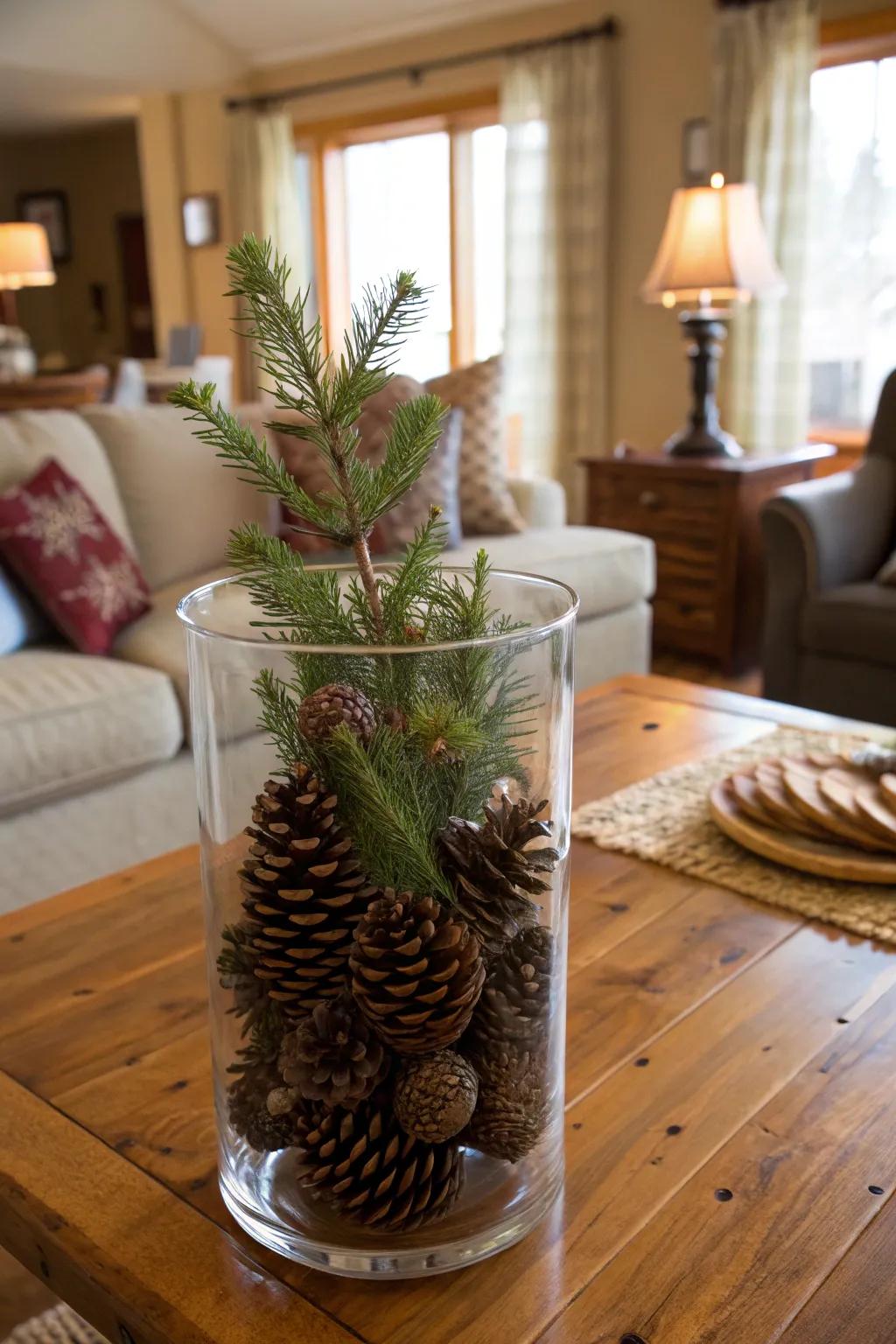 Welcome nature indoors with a vase of pinecones and evergreens.