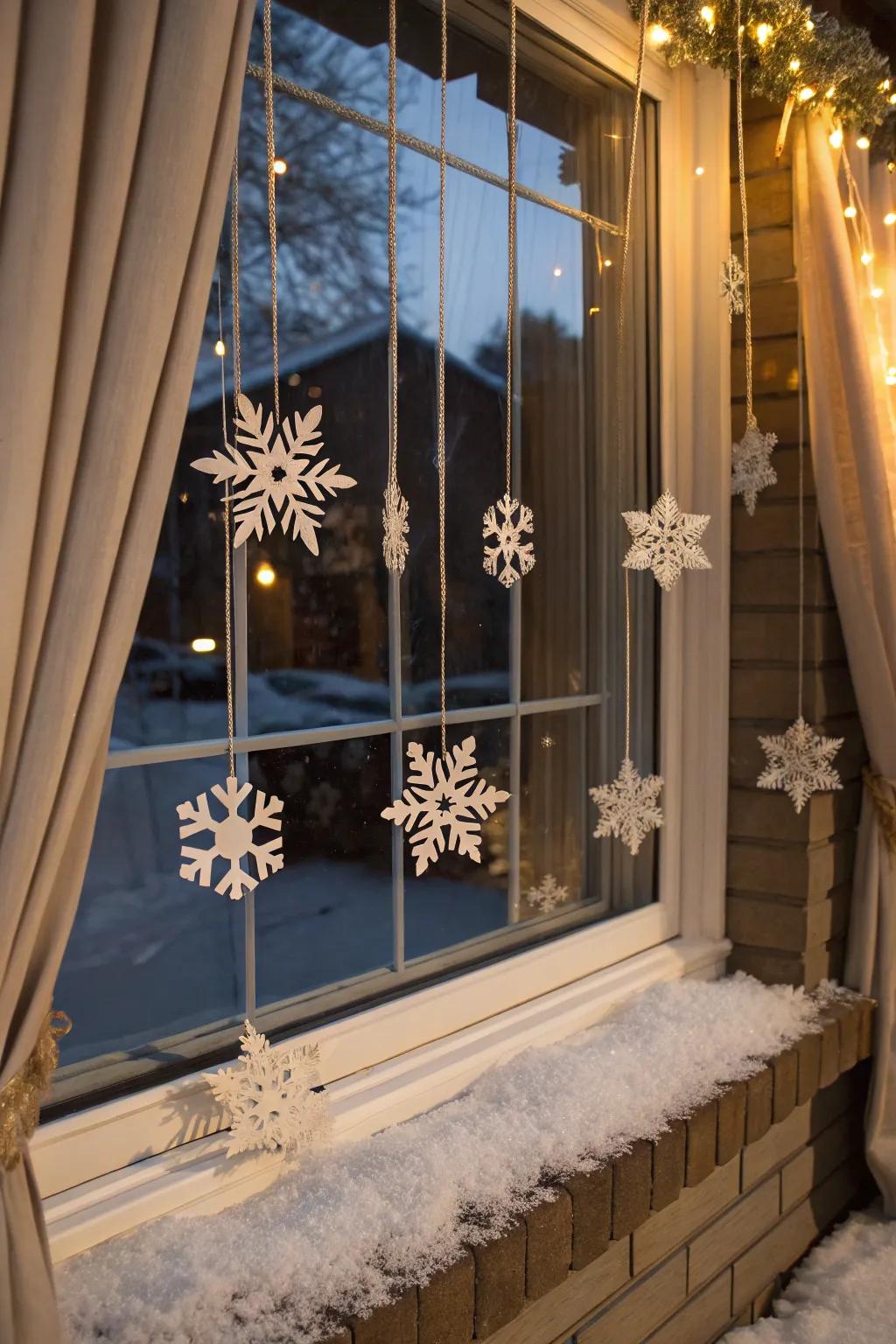 A window is turned into a snowy spectacle with suspended snowflakes.