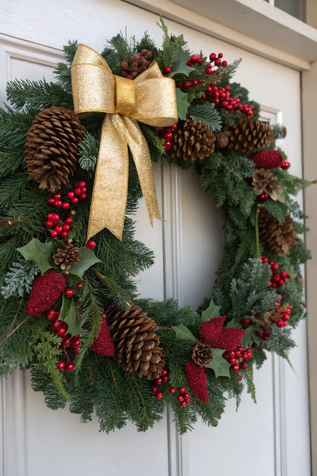 A classic red and green Christmas wreath with holly and a golden bow.