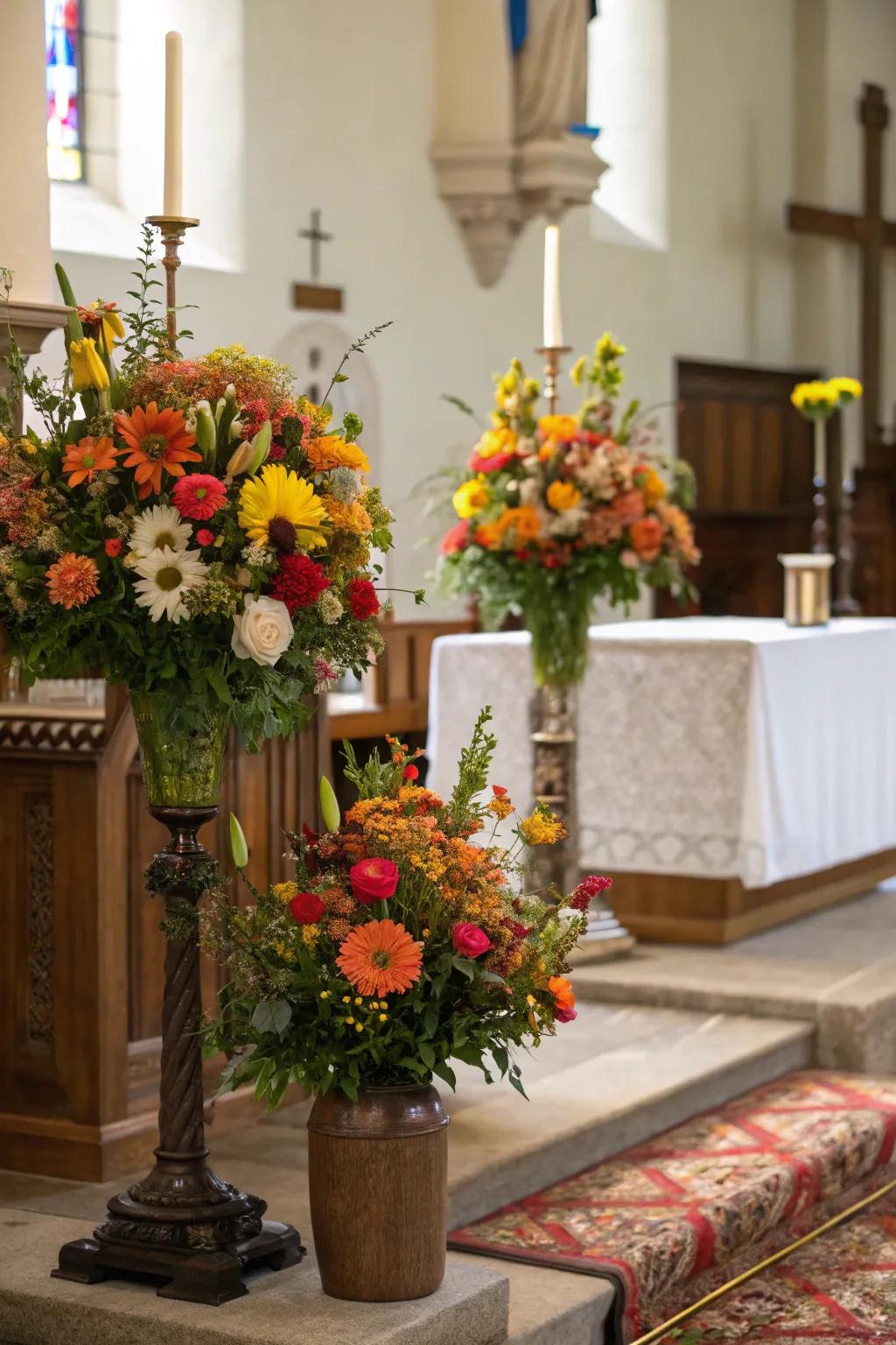 An altar bursting with vibrant, seasonal flowers, adding a lively and colorful touch.